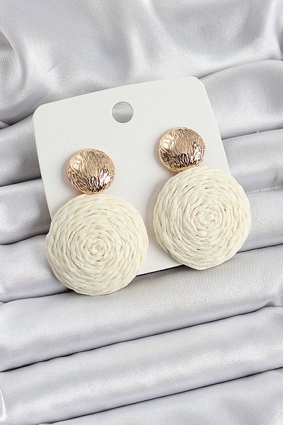 SeyCey.co Cream Circle Figured Straw Knitted Model Gold Color Women's Earrings