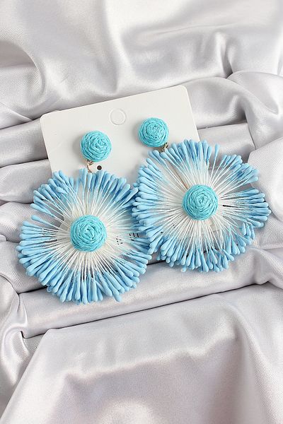 SeyCey.co Blue Tasseled Daisy Figured Straw Knitted Model Gold Color Women's Earrings