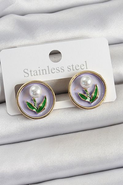 SeyCey.co Brass Purple Enamel Tulip Figured Artistic Portrait Model Gold Color Women's Earrings