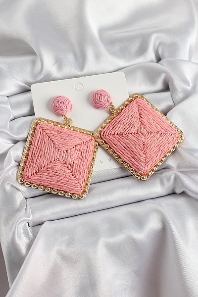 SeyCey.co Pink Square Figured Straw Knitted Model Gold Color Women's Earrings