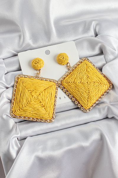 SeyCey.co Yellow Square Figured Straw Knitting Model Gold Color Women's Earrings