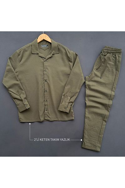 blucombin 2-Piece Bottom Top Linen Gold Set Summer Shirt and Pants