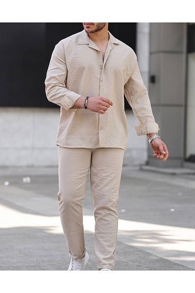 blucombin 2-Piece Bottom Top Linen Gold Set Summer Shirt and Pants
