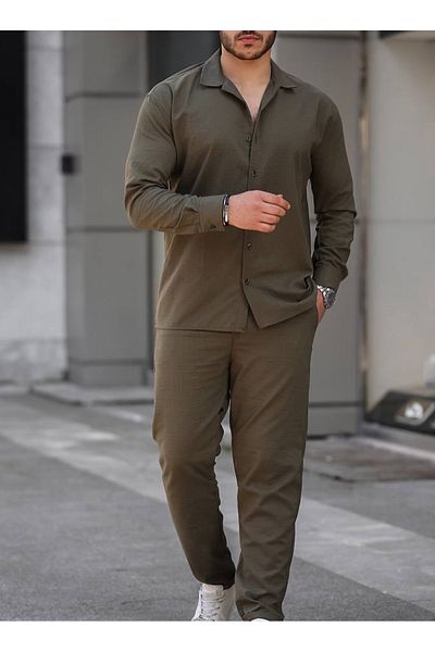 blucombin 2-Piece Bottom Top Linen Gold Set Summer Shirt and Pants
