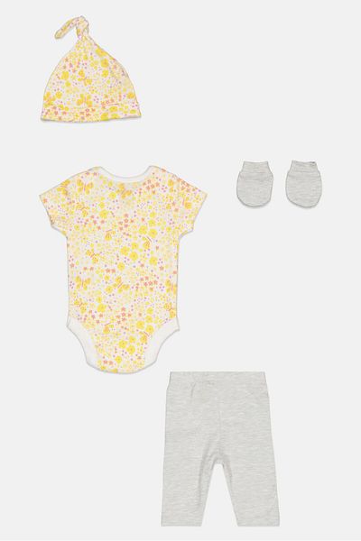 MOTHERCARE Toddlers Girl 4 Pieces Allover Print Bodysuit Bottom Beanie And Gloves Set, Multicolor