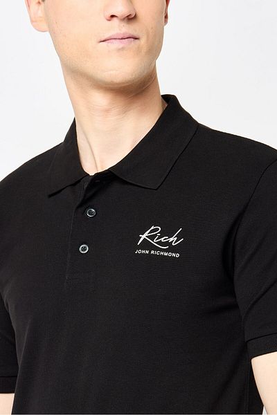 John Richmond Men Regular Fit Brand Logo Short Sleeves Polo Shirt, Black