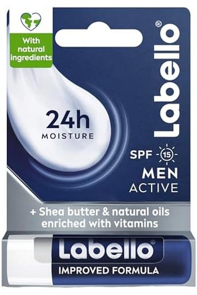 LABELLO Men Active Lip Balm, SPF 15, 24H Melt-In Moisture, Mineral Oil Free, Fragrance Free, 4.8g
