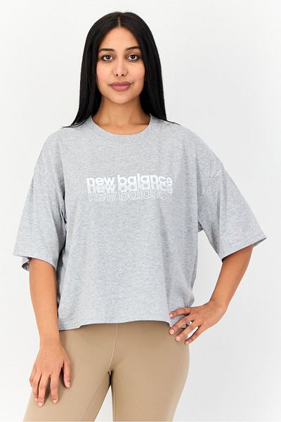 New Balance Women Oversized Fit Short Sleeve Outdoor Top, Heather Grey