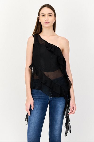 Cropp Women Asymmetrical Neck Sleeveless Frill Detail Top, Black