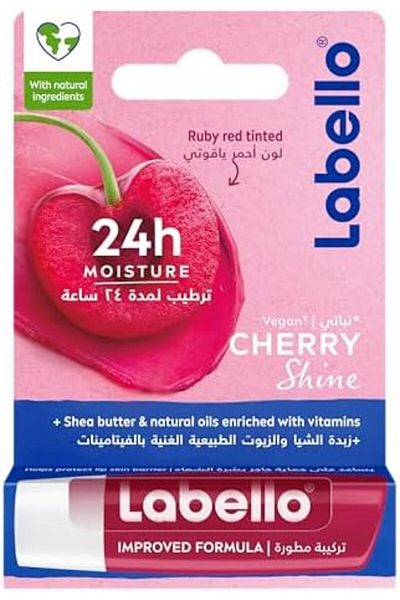 LABELLO Cherry Shine Lip Balm, 24H Melt-In Moisture, with Shea Butter and Natural Oils, Vegan, 4.8g