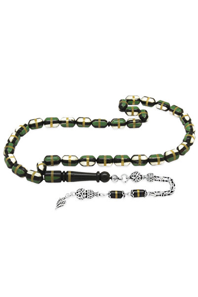 Tesbihane Ασημένιο 925 κοσμήματα Kuka Tasbih, με αλυσίδα King Chain, με φούντες, πράσινο και λευκό, με επένδυση από ορείχαλκο, κομμένο σε κυλινδρικό σχήμα