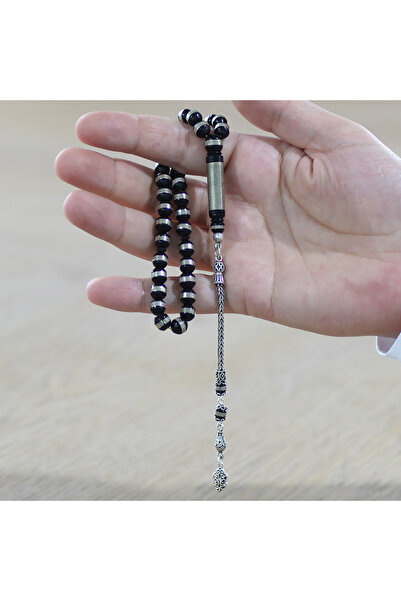 Tesbihane Ασημένιο 925 με μεταλλική τσόχα με κυλινδρική κοπή μαύρο κουκά ροζάριο
