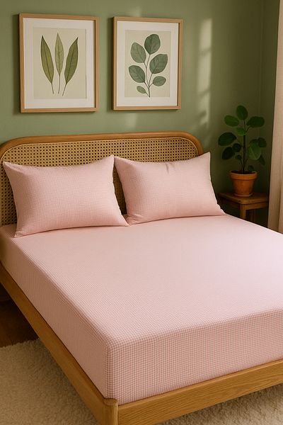MundoLindo Double Size Gingham Elastic Sheet Set 3 Pieces 100% Natural Cotton