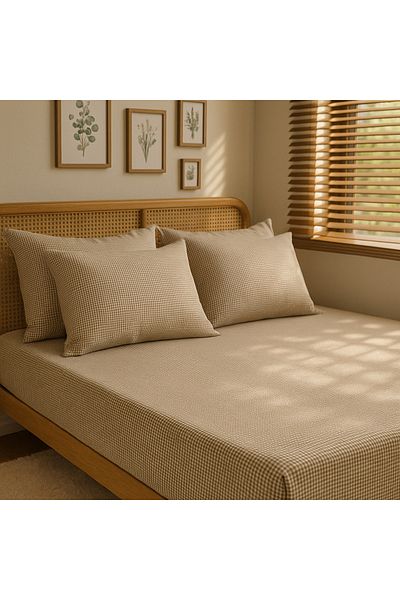 MundoLindo Double Size Gingham Elastic Sheet Set 3 Pieces 100% Natural Cotton