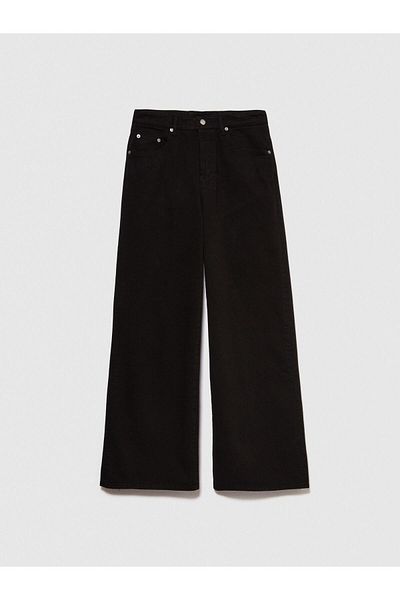 Sisley 100% Cotton Low Waist Wide Leg Pants Women's Black Trousers - 324P4Oh2Le03D
