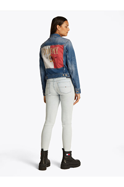 Tommy Hilfiger Women Denim Medium Blue Back Crest Embroidery Denim Trucker Jacket