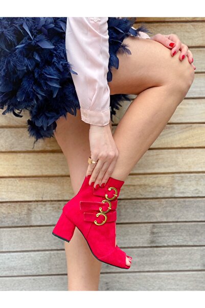 BERFONA Ellas Red Suede Suet Buckle 5 cm Heel Sandals Summer Boots