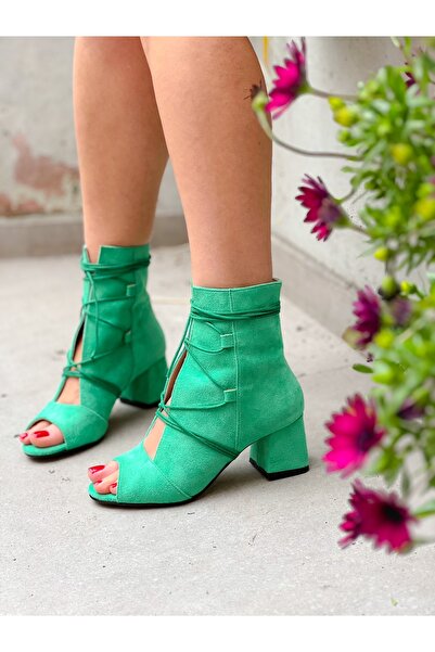 irmona حذاء صيفي بكعب 5 سم من الجلد السويدي الأخضر المبتسم