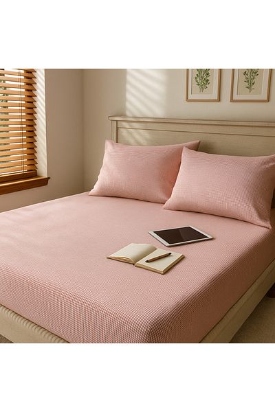 MundoLindo Double Size Gingham Elastic Sheet Set 3 Pieces 100% Natural Cotton