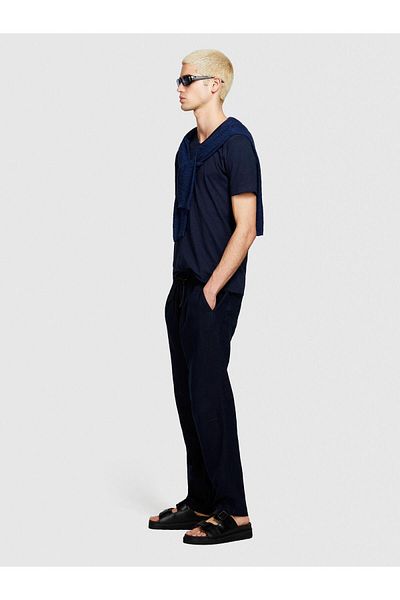 Sisley 100% Linen Waist Gathered Drawstring Slim Confort Fit Pants Men's Navy Blue Trousers - 324P4Aghsf043