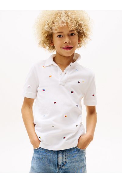 Tommy Hilfiger Boys White All Over Flag Embroidery Short Sleeve Polo T-Shirt
