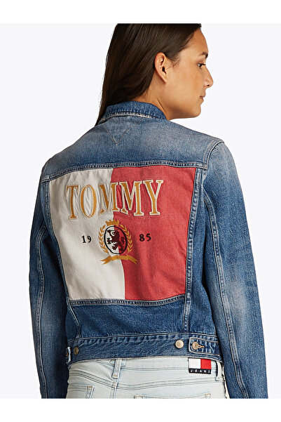 Tommy Hilfiger Women Denim Medium Blue Back Crest Embroidery Denim Trucker Jacket
