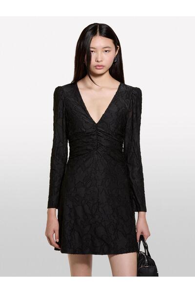Sisley Ruched Detail Long Sleeve Deep V-Neck Mini Dress Women Black Dress - 324A4Ty3Lv06N