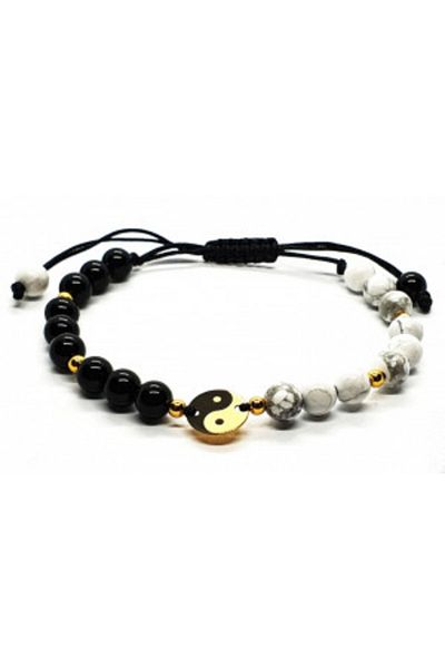 byRetroChique Bratara byRetroChique onix si haolit cu banut argint 925 yin yang placat cu aur 24 k