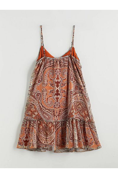 LC Waikiki Lcw Vision Brown Ruffle V Neck Ethnic Print Mini Dress