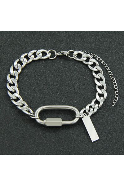 Tessero Cuban Chain Bracelet, oval buckle, stainless steel, engravable plate, unisex, Tessero, extension r