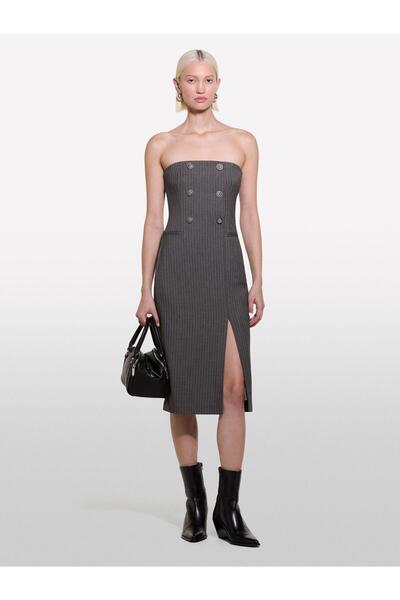 Sisley Strapless Collar Gray Midi Women's Dress 4Opdlv06L