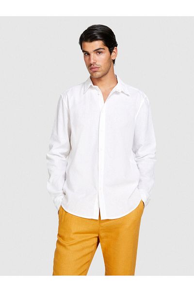 Sisley Linen Cotton Blend Slim Fit Shirt Men's White Shirt - 324P59A2Sq03G