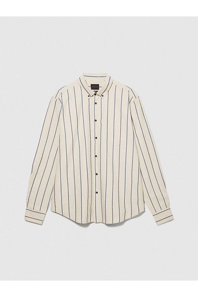 Sisley Linen Cotton Blend Striped Collar Button Shirt Men's Black Mix Shirt - 324P5Zkysq03I