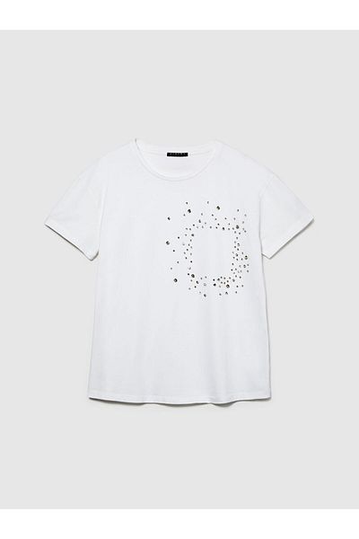 Sisley Tricou 100% bumbac cu decolteu brodat cu paiete pentru femei Tricou alb pentru femei - 324P3F1QL1054