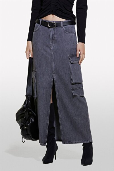 Sisley 100% Cotton Long Skirt with Slit Pocket Detail on the Front Women's Black Skirt - 324A4Agwl0025