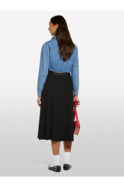 Sisley Viscose Pleated Slit Detailed Midi Skirt Women's Black Skirt - 325P4Kvxl002M