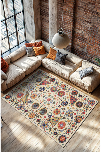 BigArts Home Makinede Yıkanabilir Kaymaz Taban Leke Tutmaz Çiçekli Salon Halı...