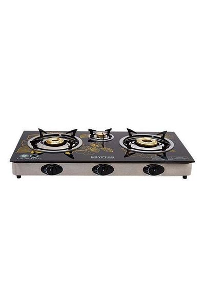 KRYPTON Modern 3 Burner Gas Stove – Tempered Glass, Auto Ignition, Brass Burners, Spill-proof
