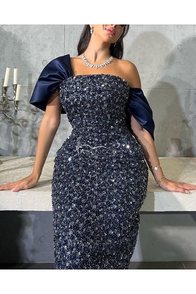 ALANOOD FASHION Raghad evening dress with pearls and shiny sequins - navy and pink