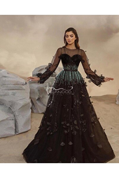 ALANOOD FASHION فستان أسود بتطريز يدوي للسهرات والمناسبات - تصميم فخم وأنيق م...