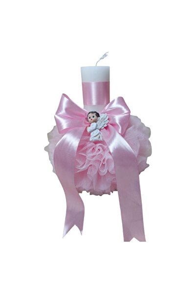 Botez Lumanare pentru botez, ingeras, roz tulle, 35x6 cm