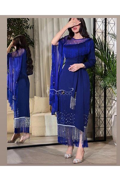 ALANOOD FASHION Mazoon navy blue dress with hand embroidery for mothers, brides and evening occasions