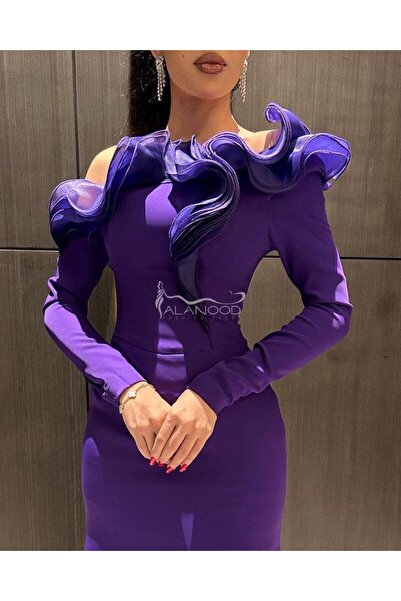 ALANOOD FASHION فستان اكتان باكمام انيق بألوان موف - عودي - زيتي - بقماش باربي سترتش