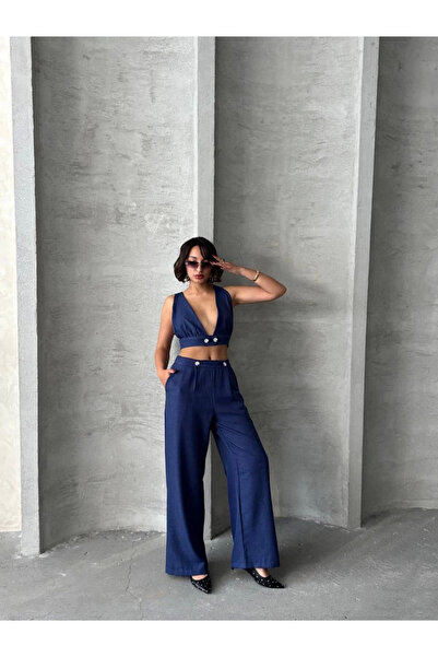 İntive Lingerie Linen Deep V Neck Indigo Thick Strap Crop Palazzo Trousers Set