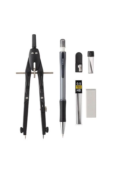 SyaMAG Set Instrumente Geometrie, 6 Piese, Compas Metalic cu Rotita, Creion Mecanic, Negru