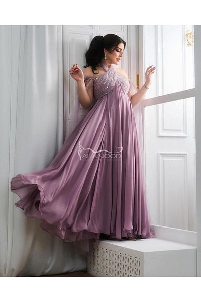 ALANOOD FASHION فستان سهرة حوامل شيفون انيق بلون موف فاتح - للحوامل الأنيقات!