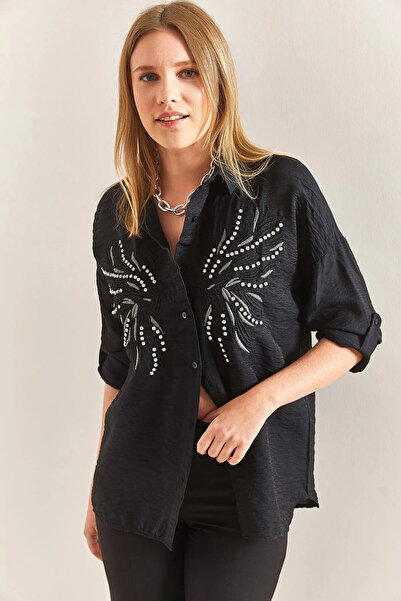 Work Kadın Siyah Ayrobin Kumaş Taşlı Oversize Gömlek