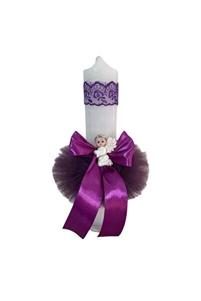 Botez Lumanare pentru botez, ingeras, mov pruna, tulle, 35x6 cm