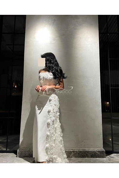ALANOOD FASHION فستان ناعم بكلفة الورود البيضاء - لامع وأنيق للملكات والسهرات