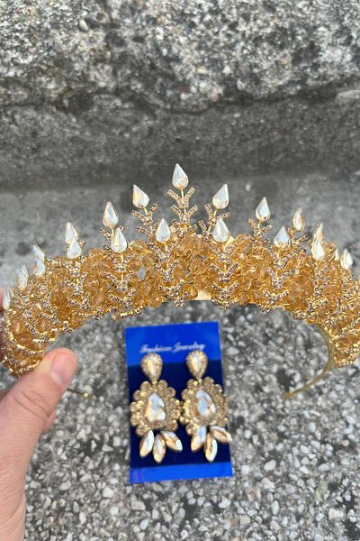 Hobigram Belicia Gold Bridal Henna Crown Special Occasion Accessory Women's Crown and Three Shuttle Earrings Set